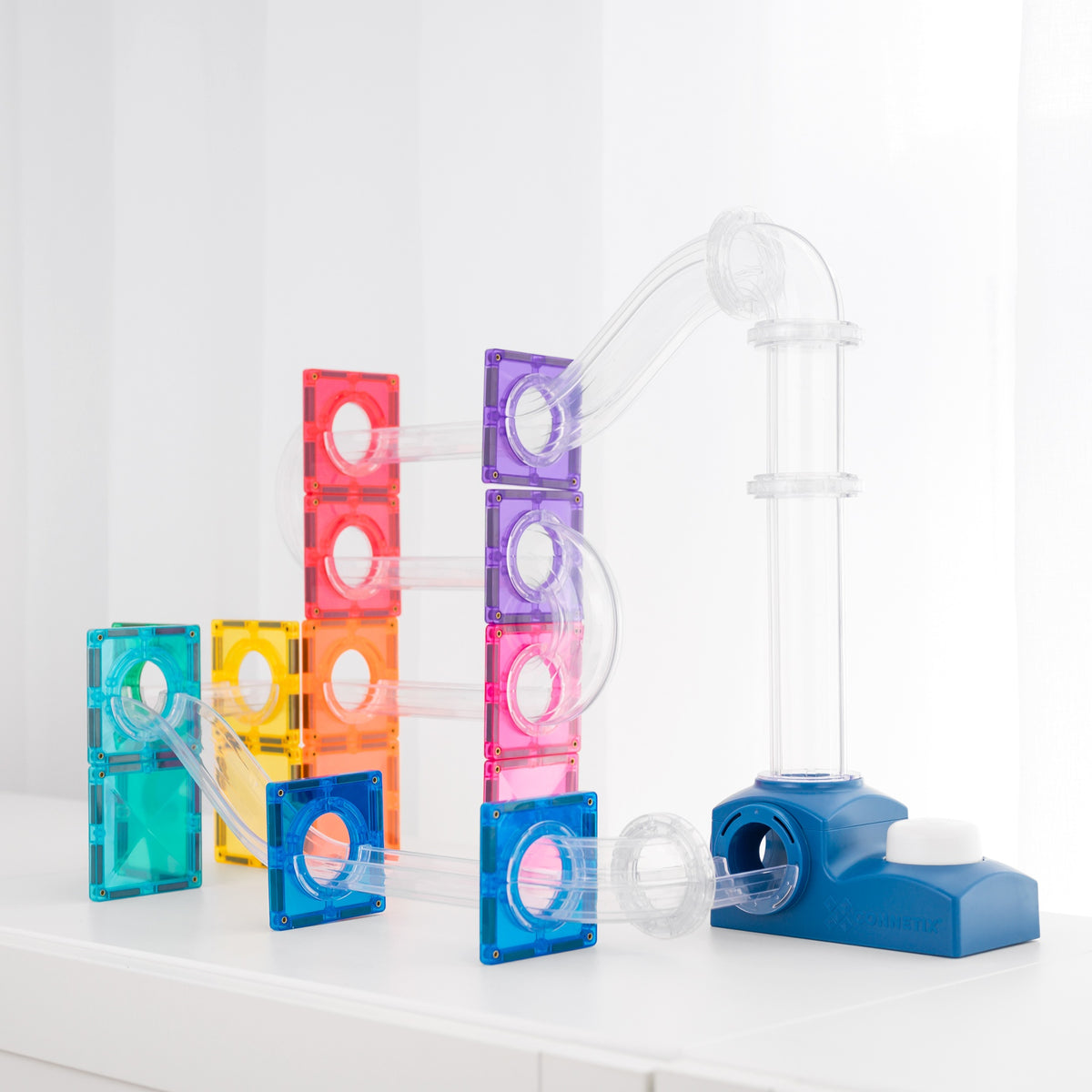 Set plăci magnetice cu lansator de bile Ball Run Launcher Pack, 47 piese – Connetix