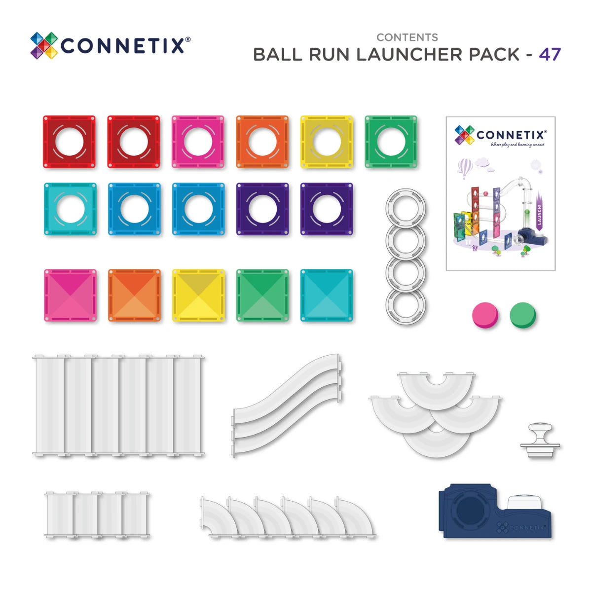 Set plăci magnetice cu lansator de bile Ball Run Launcher Pack, 47 piese – Connetix