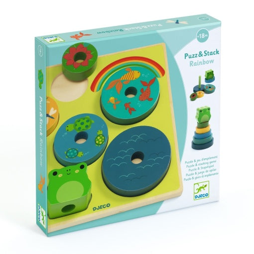 Puzzle și joc de stivuit din lemn, animale – Djeco