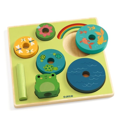 Puzzle și joc de stivuit din lemn, animale – Djeco