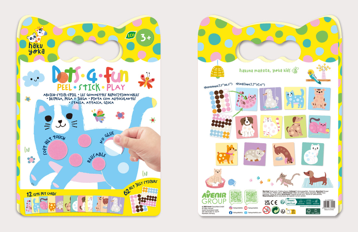 Carte Dots4Fun cu stickere reutilizabile tip buline - Câini și pisici – Haku Yoka by Avenir