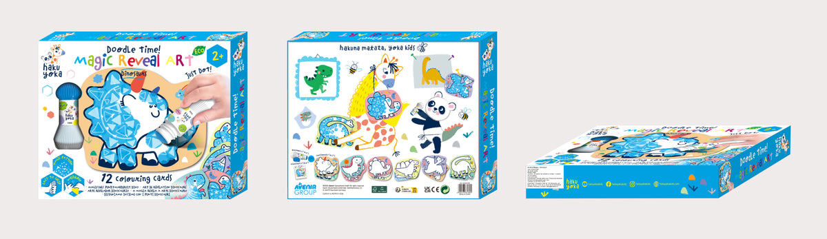 Kit artă Magic Reveal cu cariocă pentru buline și 12 carduri - Dinozauri – Haku Yoka by Avenir